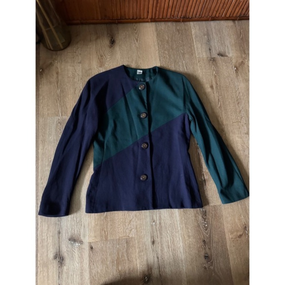 Vintage 100% Women Pure Wool Colorblock Blazer Navy Green Gold Button‎ Size 2/S